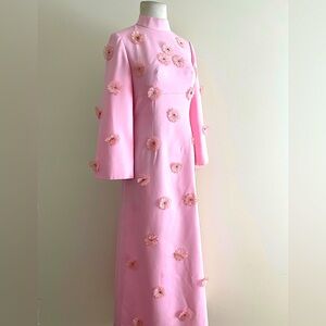 Vintage 1960’s pink 3-D Flower Appliqué column maxi dress